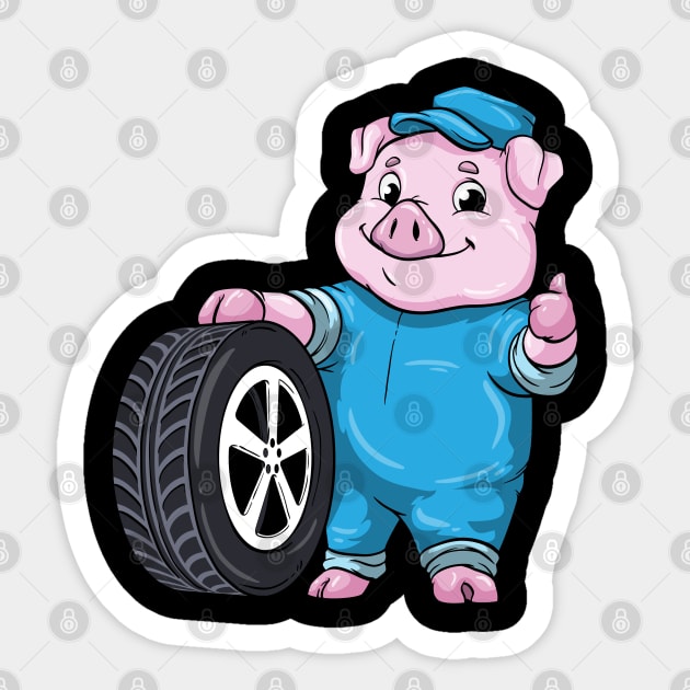 Pig as Car mechanic with Tires Sticker by Markus Schnabel